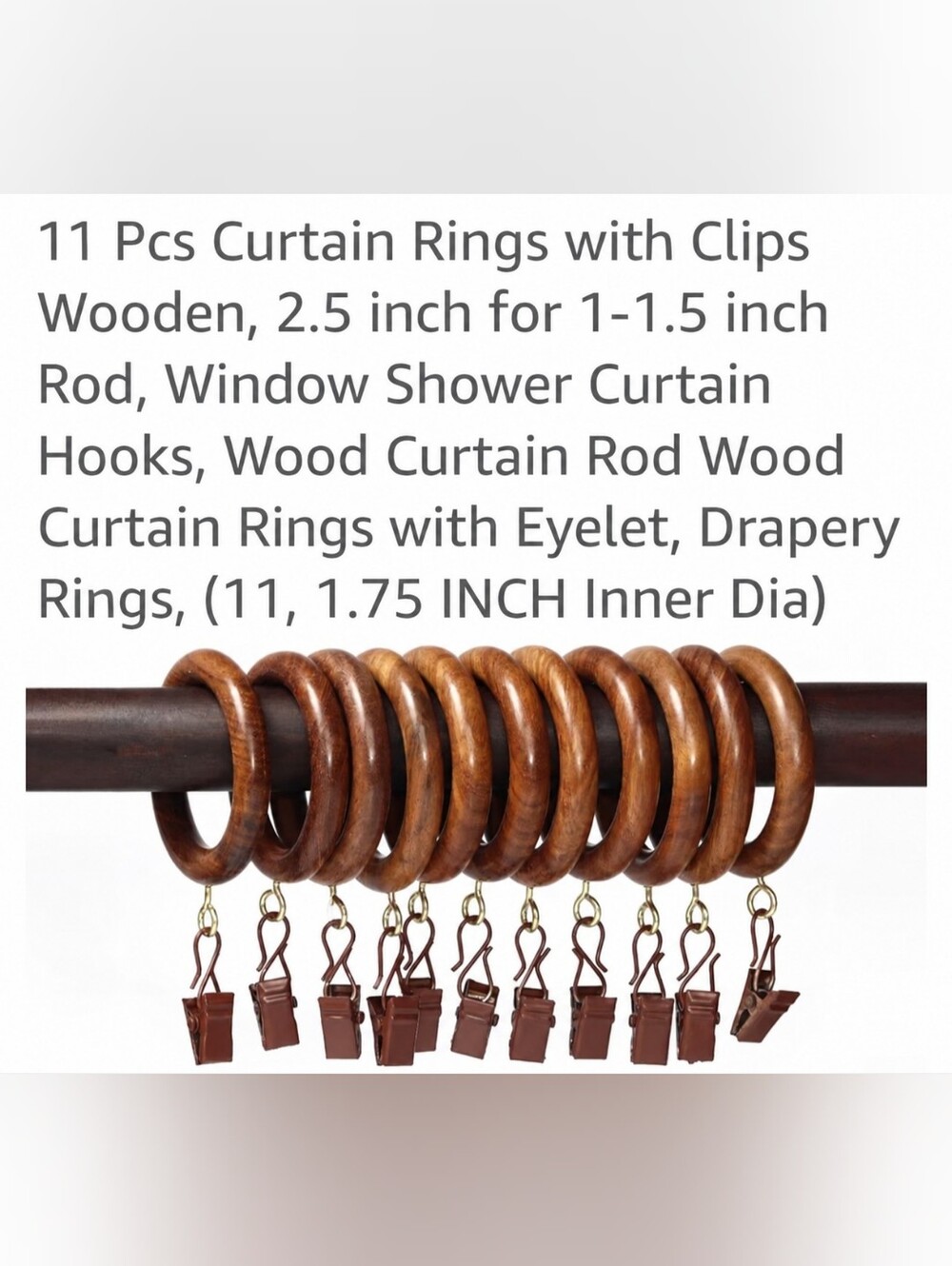 Set of 11 Wooden Curtain Rings with Clips 2.5" Natural Wood
